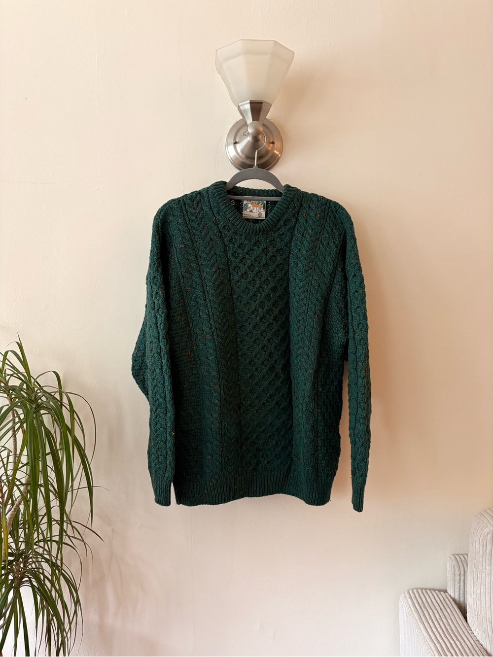 Irish 100% Wool Dark Green Cable Knit Crewneck Sweater - Connemara Knitwear